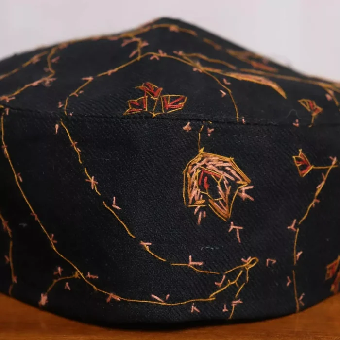 Black Sozni Cap with Red and Yellow Embroidery - Image 2