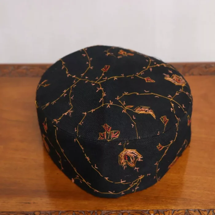 Black Sozni Cap with Red and Yellow Embroidery - Image 3