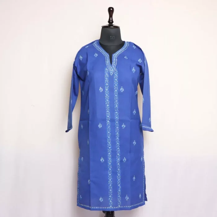 Blue Kashmiri Cotton Kurta with Sozni Handwork - Image 2