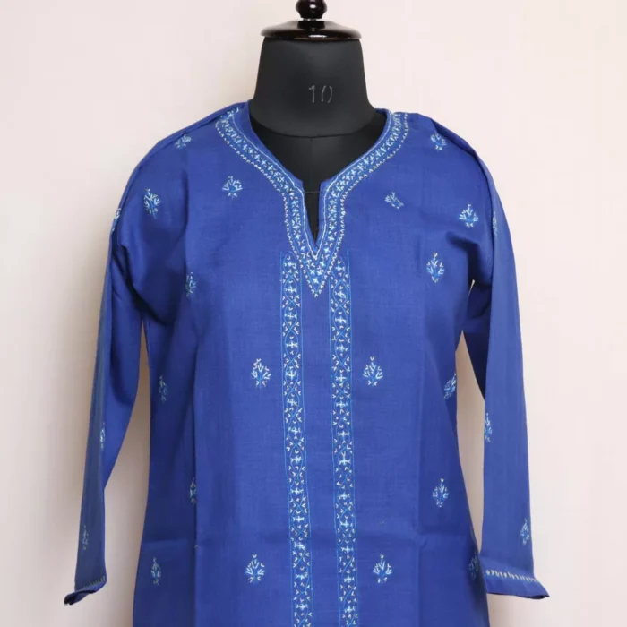 Blue Kashmiri Cotton Kurta with Sozni Handwork - Image 3