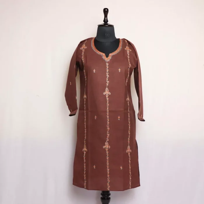 Brown Kashmiri Ruby Cotton Kurta with Sozni Handwork