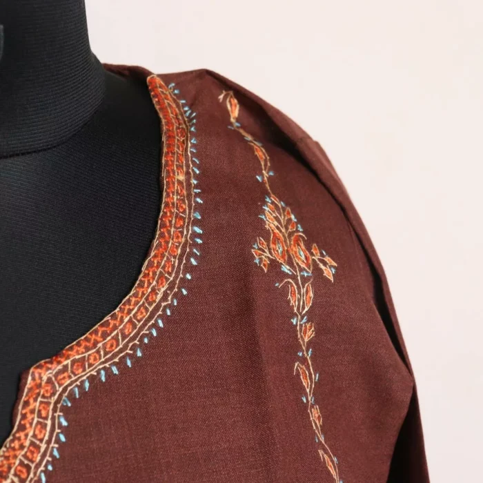 Brown Kashmiri Ruby Cotton Kurta with Sozni Handwork - Image 3