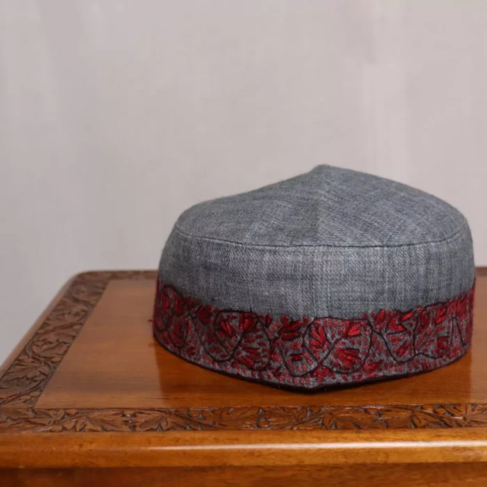 Charcoal Gray Semi Pashmina Sozni Cap with Red Embroidery