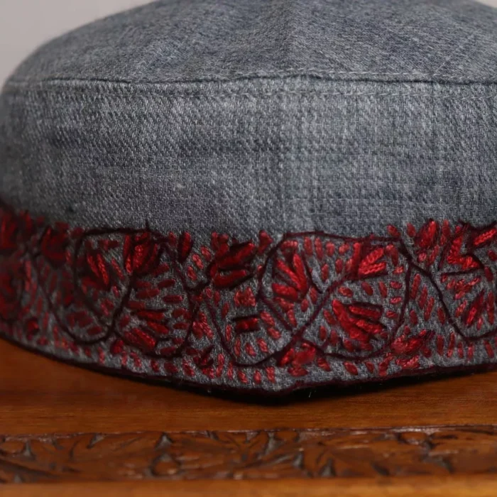 Charcoal Gray Semi Pashmina Sozni Cap with Red Embroidery - Image 2