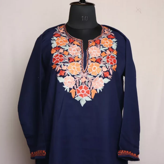 Dark Blue  Summer Cool Cotton Kurta with Aari Embroidery - Image 2