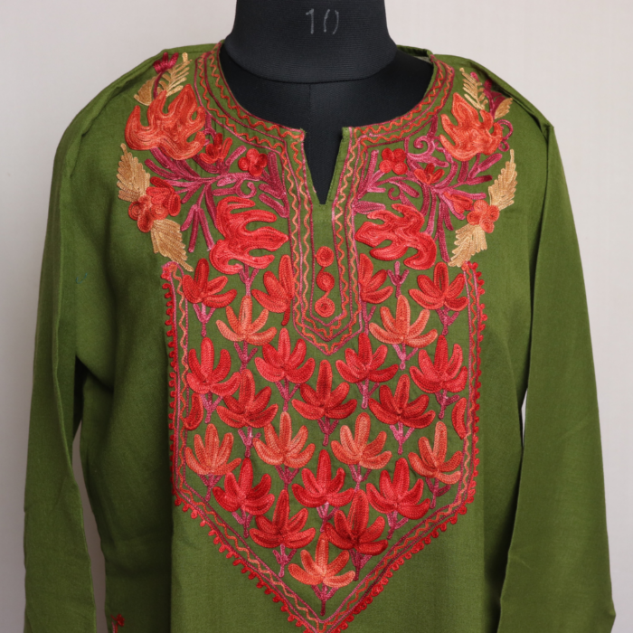 Gaash Green  Short Kashmiri Cotton Kurti with Aari Embroidery - Image 2
