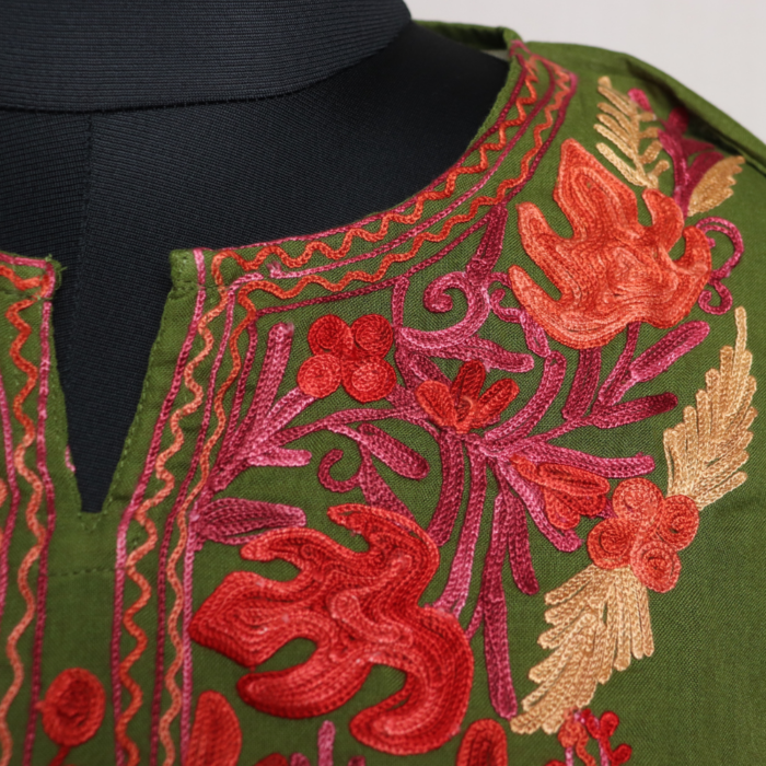 Gaash Green  Short Kashmiri Cotton Kurti with Aari Embroidery - Image 3