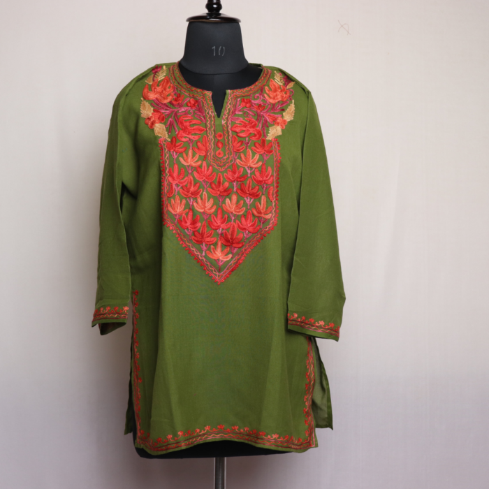 Gaash Green  Short Kashmiri Cotton Kurti with Aari Embroidery