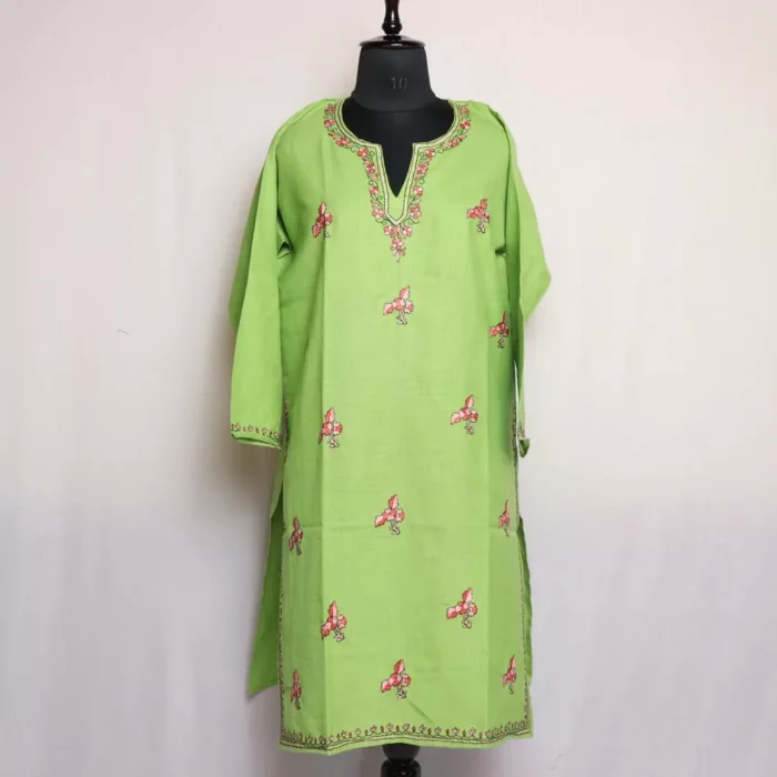 Green Summer Cotton Kurta with Kashmiri Sozni Handwork