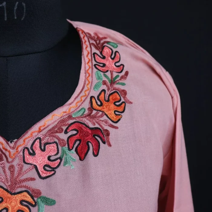 Harud Pink Short Ruby Cotton Kurta with Aari Embroidery - Image 3