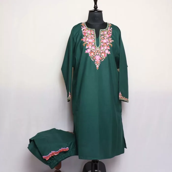 Dark Green Kashmiri Sozni Handwork Cotton Pheran Set