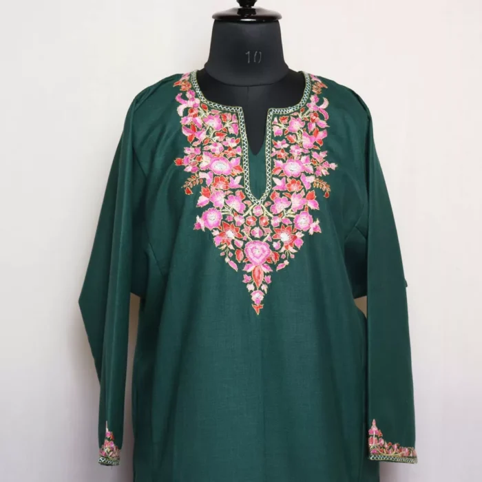 Dark Green Kashmiri Sozni Handwork Cotton Pheran Set - Image 3