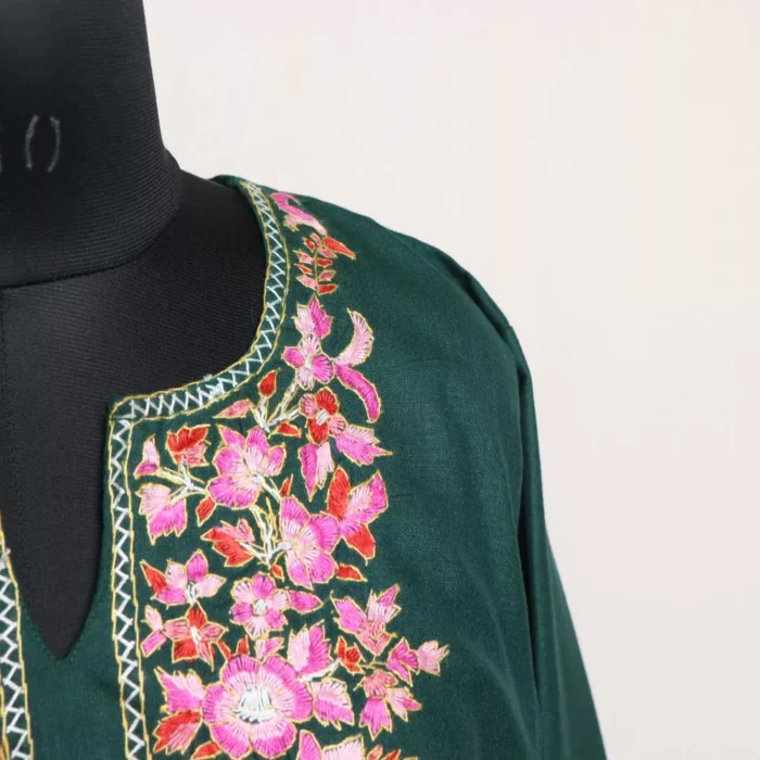 Dark Green Kashmiri Sozni Handwork Cotton Pheran Set - Image 2