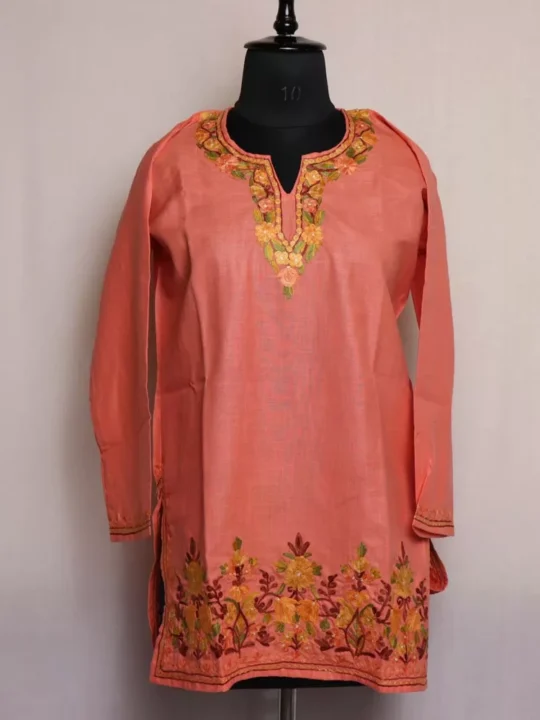 Peach Short Ruby Cotton Kurta with Aari Embroidery
