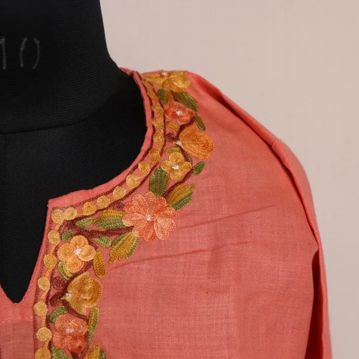 Peach Short Ruby Cotton Kurta with Aari Embroidery - Image 3