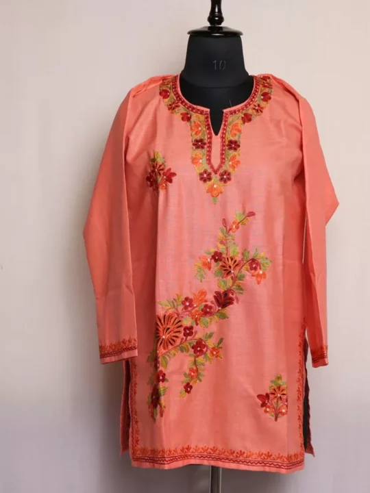Kashmiri Kurti -Peach Short Ruby Cotton with Aari Embroidery