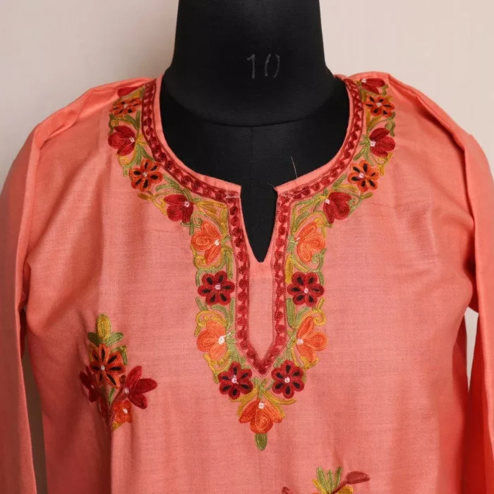 Kashmiri Kurti -Peach Short Ruby Cotton with Aari Embroidery - Image 2