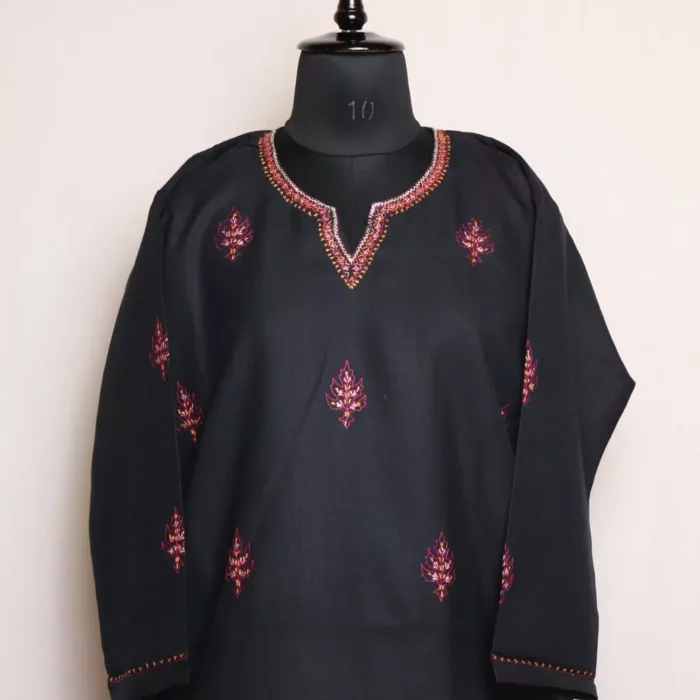 Black Kashmiri Sozni Embroidered Cotton Kurta - Image 2