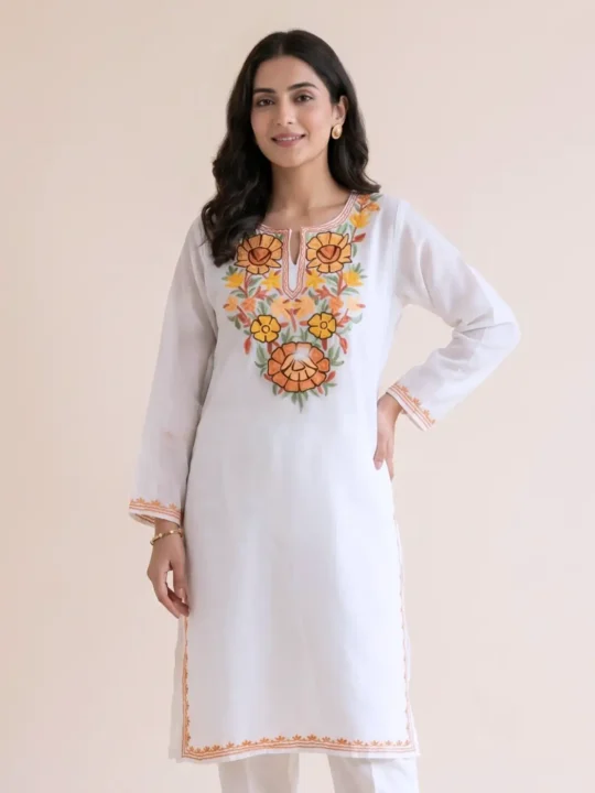 Hamdani White Summer Cool Cotton Kurta with Aari Embroidery