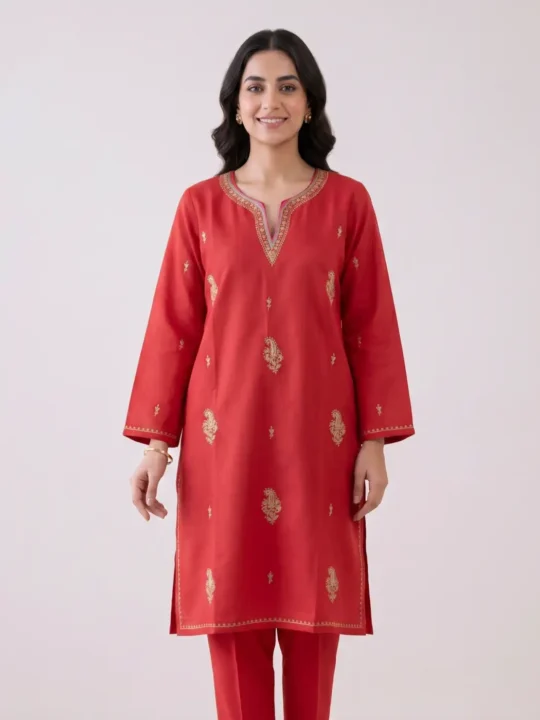 Red Kashmiri Cotton Kurta with Sozni Handwork