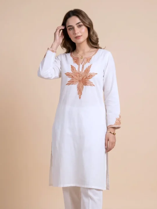 White Rayon Cotton Kurti with Tilla Embroidery