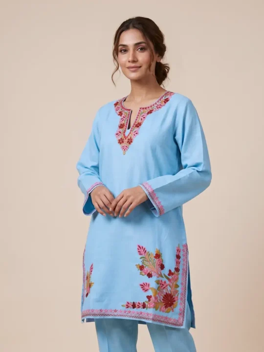Kashmiri Kurti - Sky Blue Short Ruby Cotton with Aari Embroidery