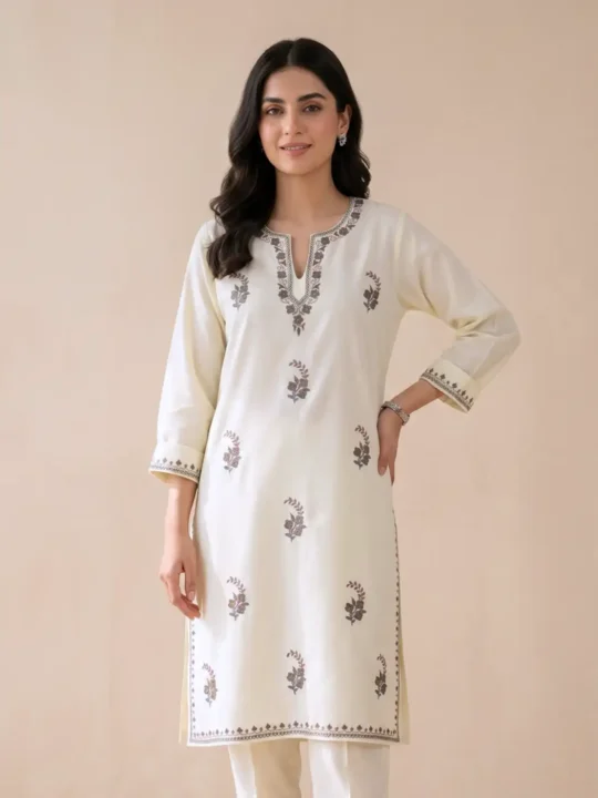 Light Yellow Summer Cool Cotton Kurta with Sozni Handwork