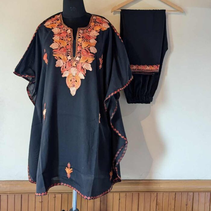 Black Ahana Kashmiri Kaftan Set with Aari Embroidery