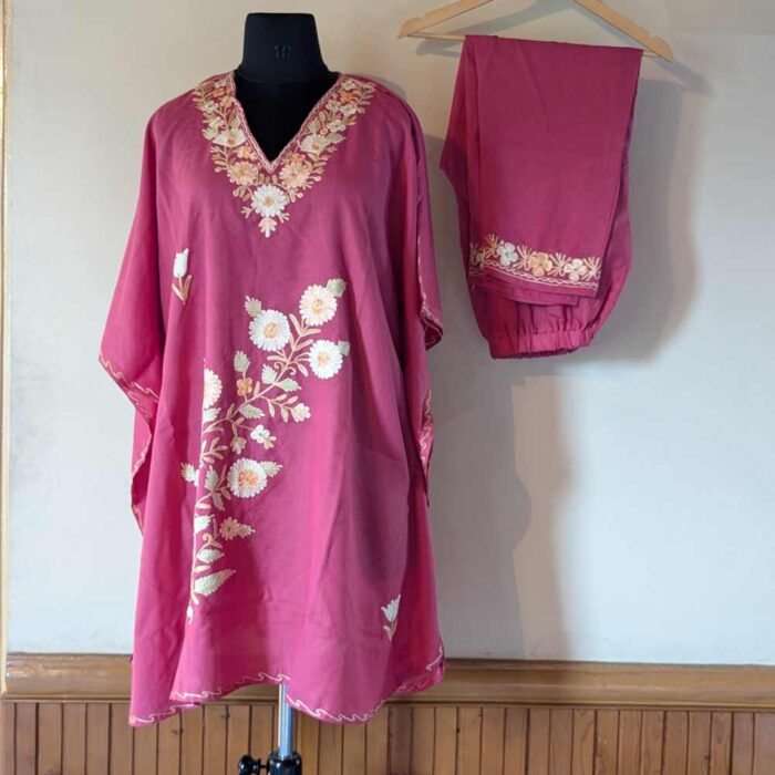 Pink Ahana Kashmiri Kaftan Set with Aari Embroidery