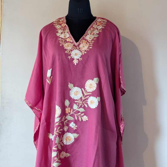 Pink Ahana Kashmiri Kaftan Set with Aari Embroidery - Image 2