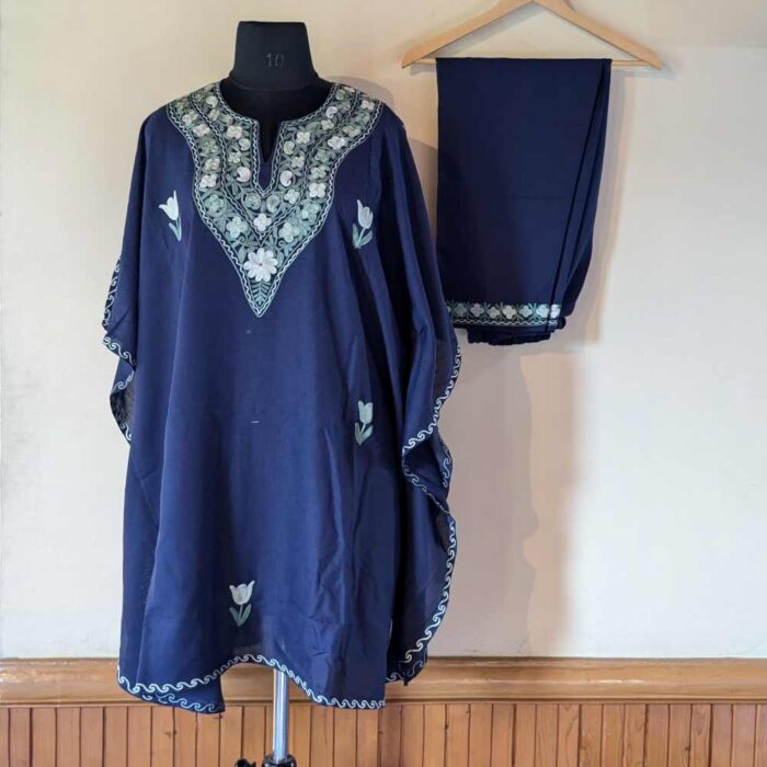 Blue Ahana Kashmiri Kaftan Set with Aari Embroidery