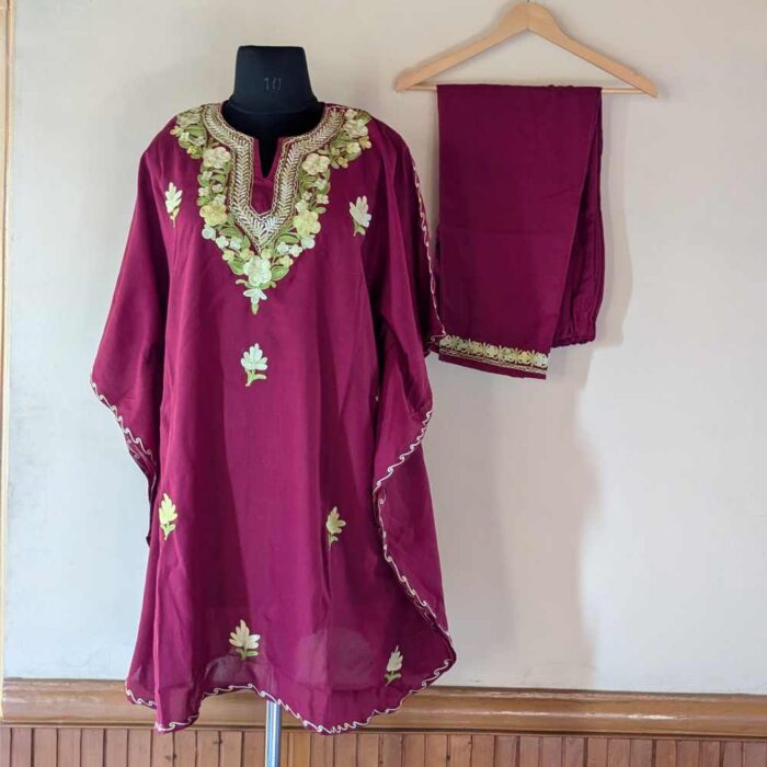 Magenta Pink Ahana Kashmiri Kaftan Set with Aari Embroidery