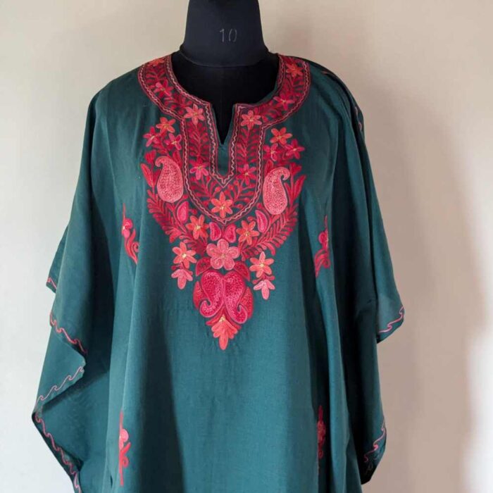 Bottle Green Ahana Kashmiri Kaftan Set with Aari Embroidery - Image 2