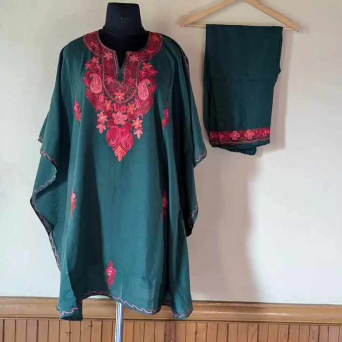 Bottle Green Ahana Kashmiri Kaftan Set with Aari Embroidery