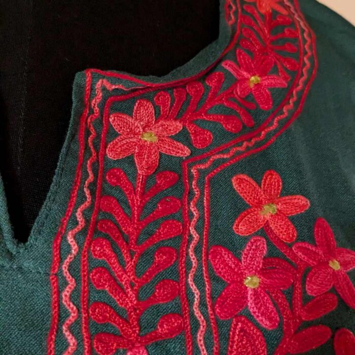 Bottle Green Ahana Kashmiri Kaftan Set with Aari Embroidery - Image 3