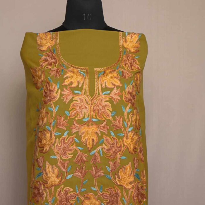Mehndi Green Gousia 2PC Chinari All over Kashmiri Aari Embroidery Cotton Suit - Image 2