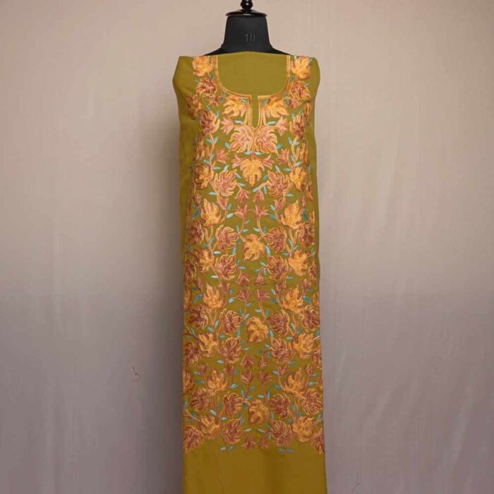 Mehndi Green Gousia 2PC Chinari All over Kashmiri Aari Embroidery Cotton Suit