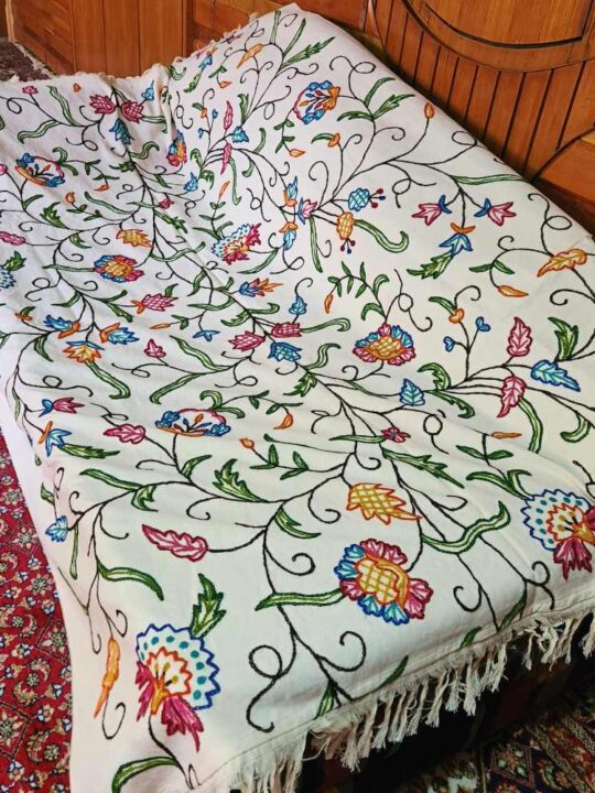 Nukhta Blue Sofa Throw or Cover with Hand Crewel Embroidery | Single Bedsheet