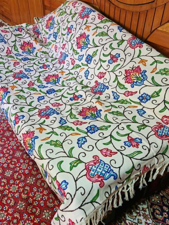 Posh-e-nukhta Blue Pink Sofa Throw or Cover with Hand Crewel Embroidery | Single Bedsheet