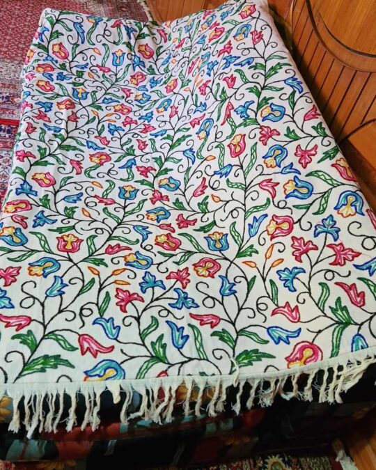 Meesha Tulip Sofa Throw or Cover with Hand Crewel Embroidery | Single Bedsheet
