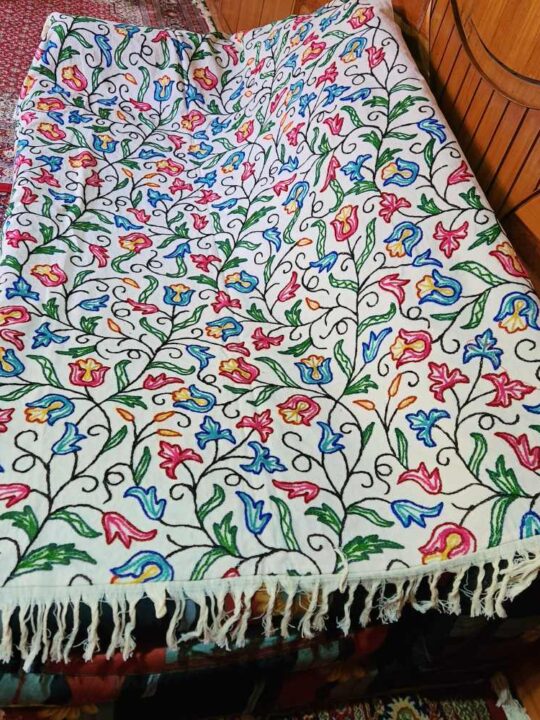 Meesha Tulip Sofa Throw or Cover with Hand Crewel Embroidery | Single Bedsheet