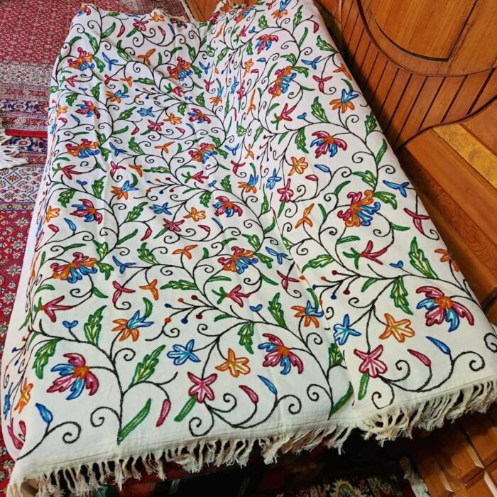 Asma Leafy Sofa Throw or Cover with Hand Crewel Embroidery | Single Bedsheet - Image 2