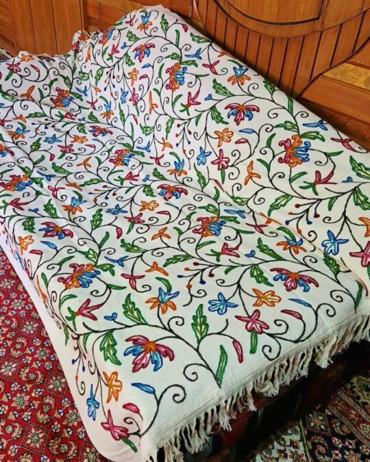Asma Leafy Sofa Throw or Cover with Hand Crewel Embroidery | Single Bedsheet