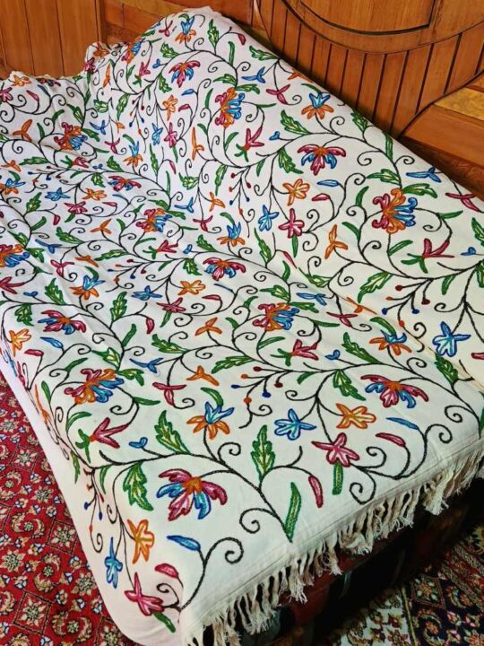 Asma Leafy Sofa Throw or Cover with Hand Crewel Embroidery | Single Bedsheet
