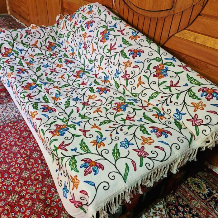 Asma Leafy Sofa Throw or Cover with Hand Crewel Embroidery | Single Bedsheet