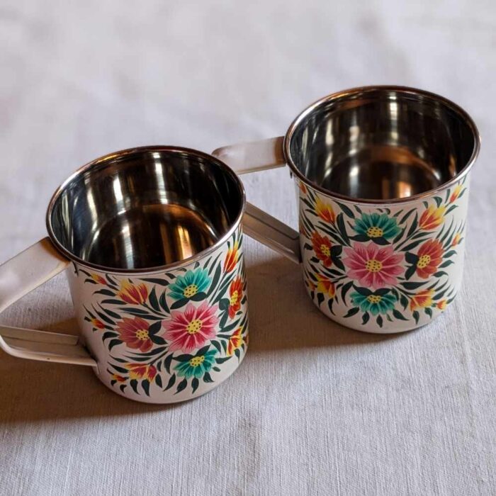Kashmiri Enamelware Cups White Base Hand Painted Set of 2 - Stainless Steel