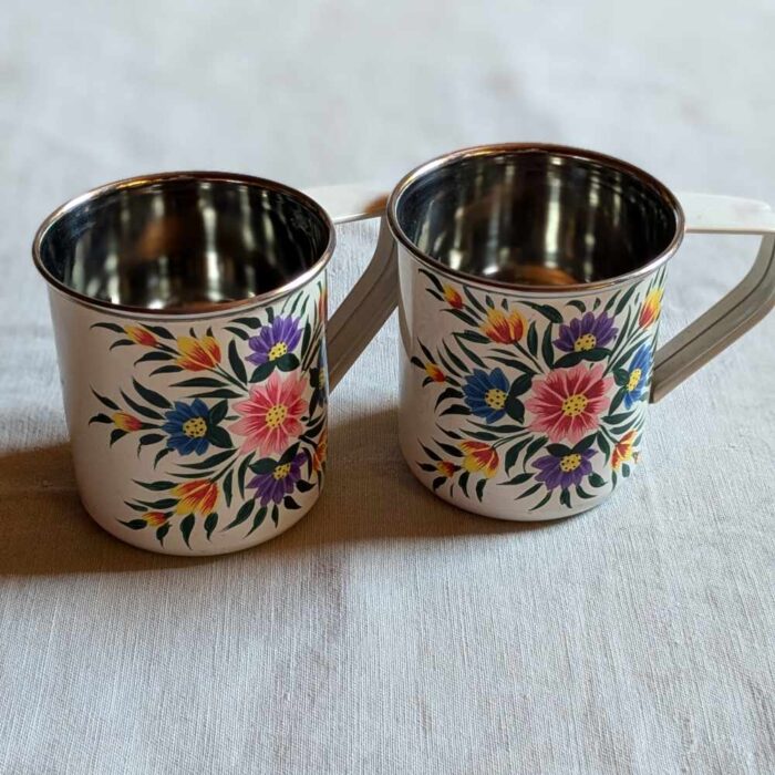 Kashmiri Enamelware Cups White Base Hand Painted Set of 2 - Stainless Steel - Image 2