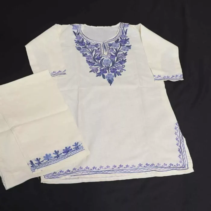 White Noor Blue Kashmiri Embroidery Girl Summer Kurta With Trousers (4-5 Y)