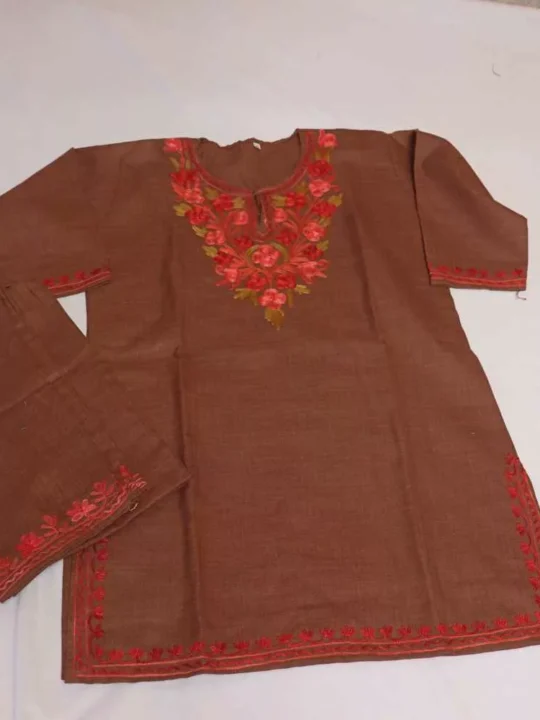 Brown Iqra Kashmiri Embroidery Girl Summer Kurti With Trousers (6-7 y)
