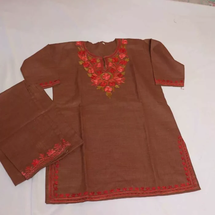 Brown Iqra Kashmiri Embroidery Girl Summer Kurti With Trousers (6-7 y)